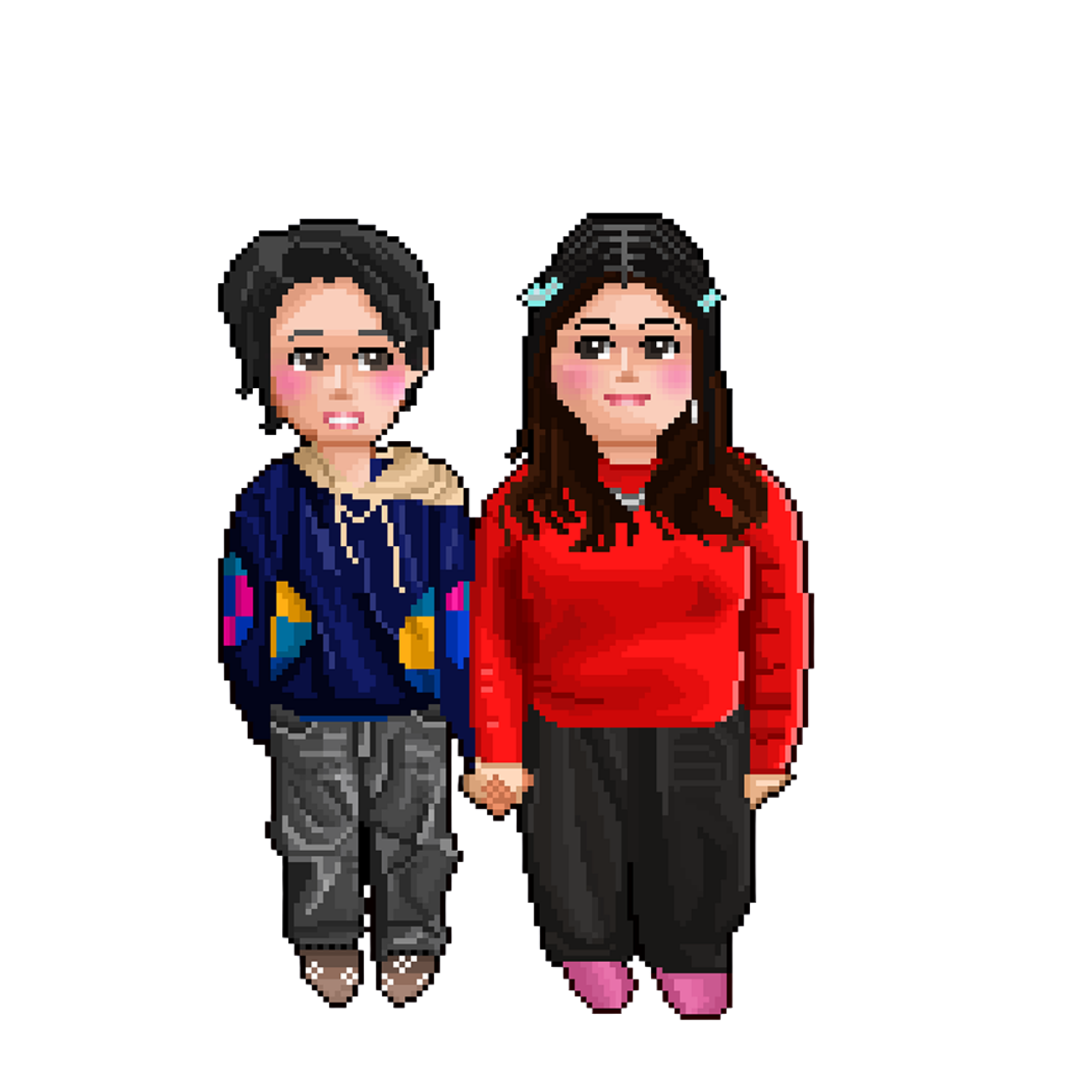 Pixel art showing Ava and Mei Lin holding hands and smiling at each other.