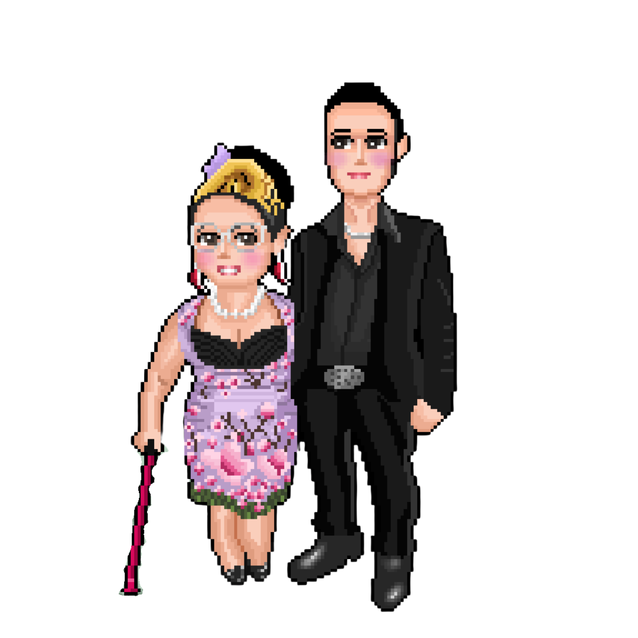 Pixel art showing Eva and Dick holding each other and smiling. Eva has a red cane.