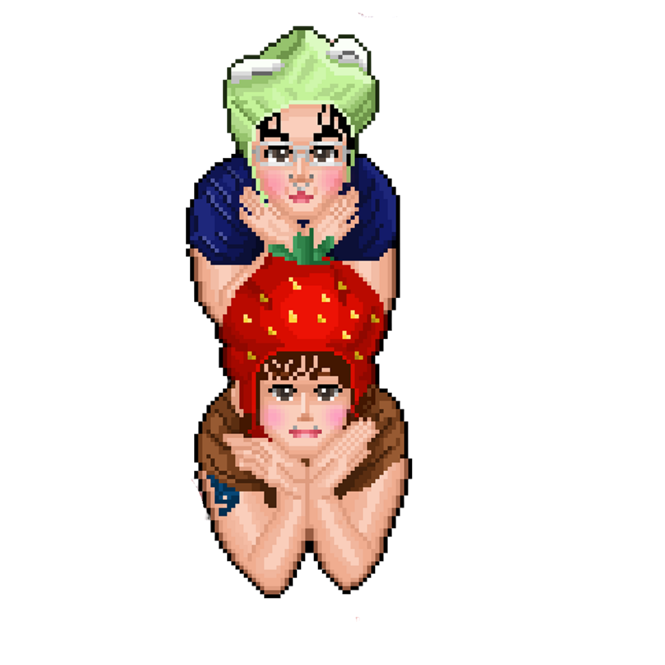 Pixel art showing Cherry and Plum holding their hands up to their faces in a cute poses.